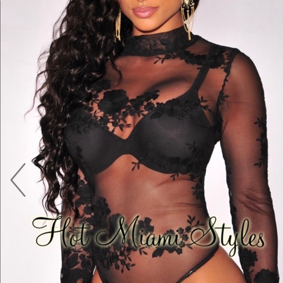 Hot Miami Styles Tops - Hot Miami Styles Sexy Black Lacy Bodysuit